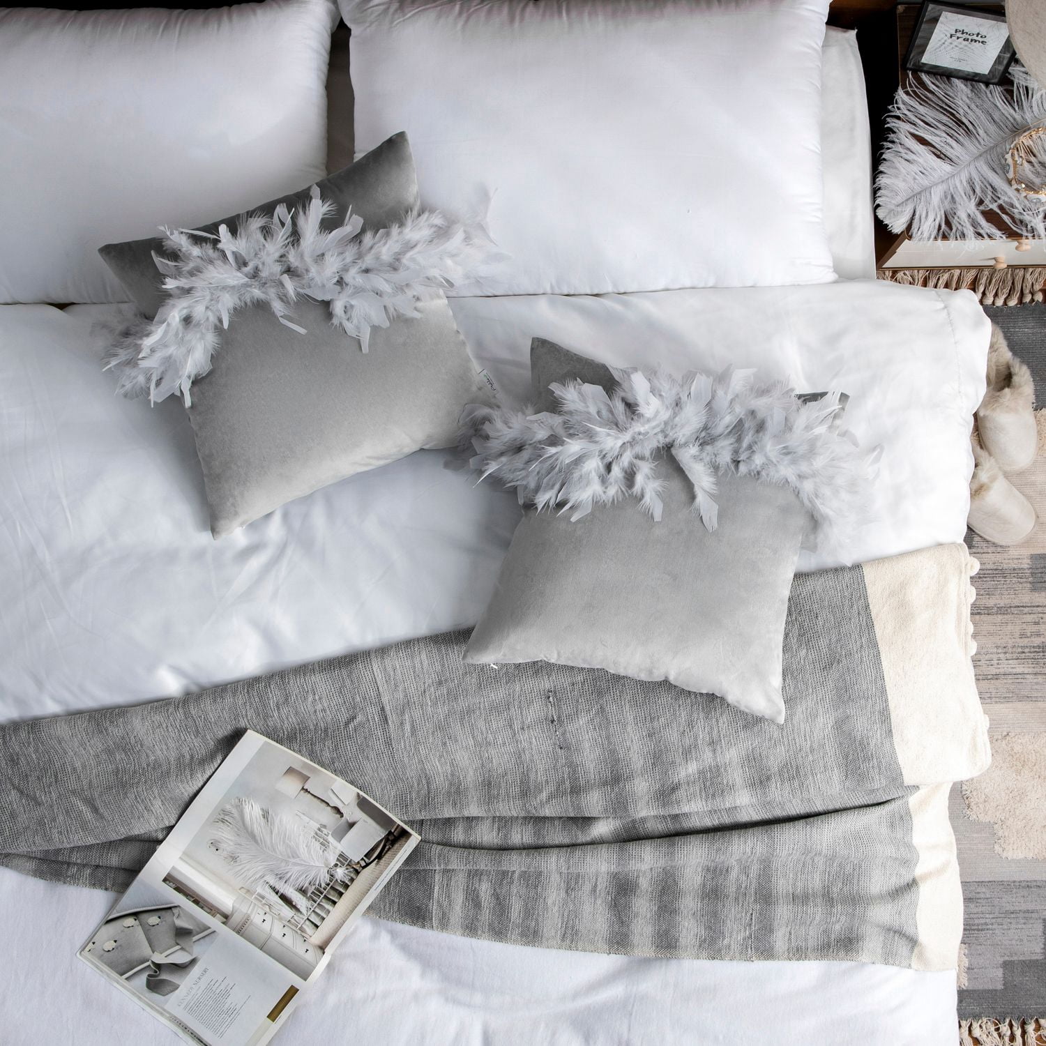 Phantoscope Feather Velvet Decorative Throw Pillows, 18 x 18 in, Light Gray, 2 Pack