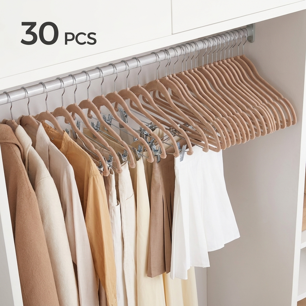 Ledrem 30-pack Brown Velvet Pants Hangers with Adjustable Clips, Space-Saving for Skirts, Coats, Dresses