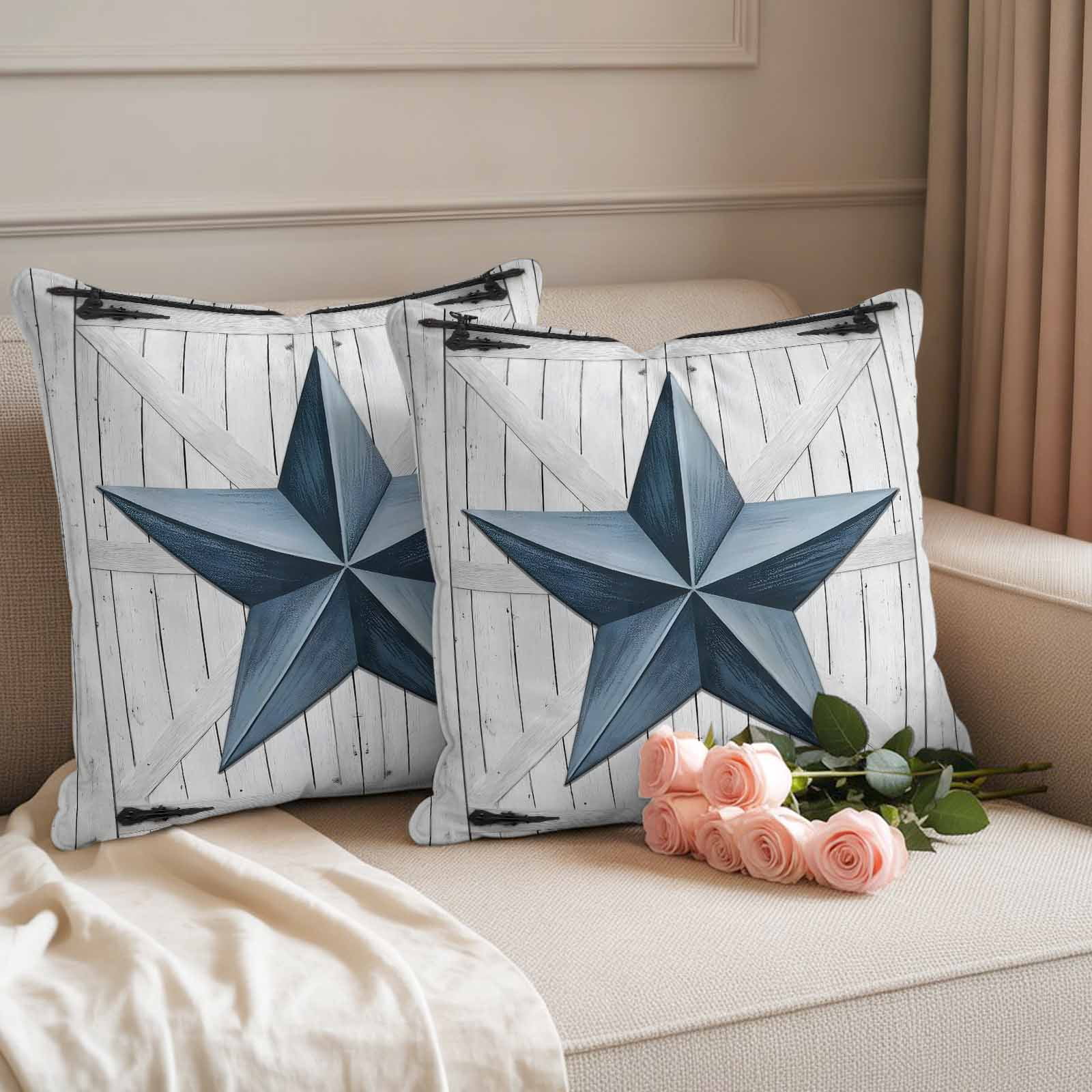 Texas Star Vintage Outdoor Waterproof Pillow Covers, Navy Blue Wooden Retro Decorative Square Throw Pillowcase Sofa Cushion Sham for Patio/Couch/Chair, 16"x16" 2 Pack
