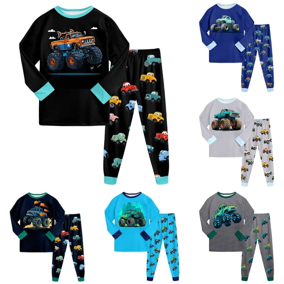 Dakiuu 1-10 Years Boys' Cars Design 2 Pieces Pajamas Set Toddler Kids Fall Winter Long Sleeve T Shirt and Pants Loungewear Set Spring Sleepwear Clothes for Boys Blue 5-6 Years (120)