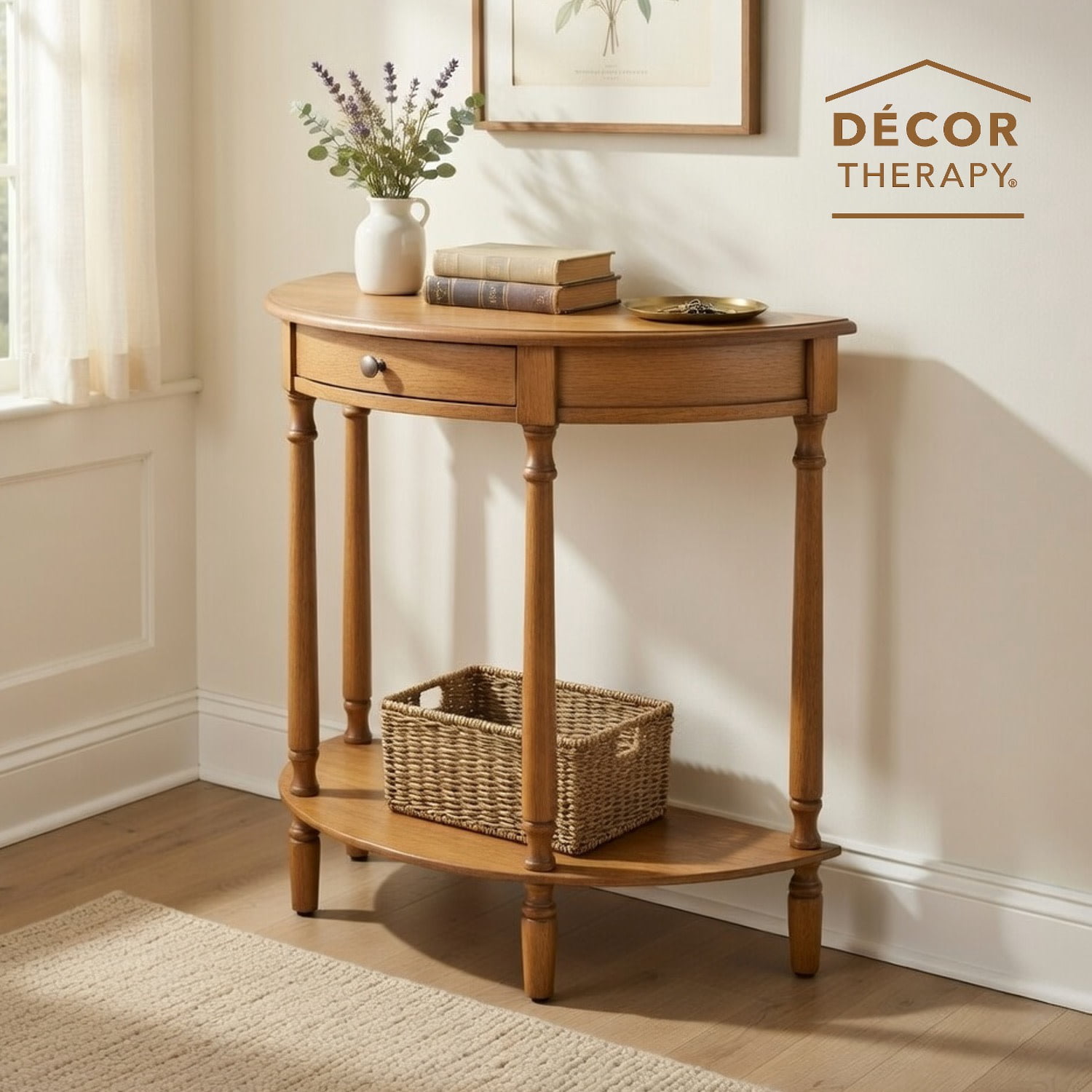 Decor Therapy Truro Half-Round Console Table with Drawer and Shelf - Traditional Entry Table for Foyer and Living Room, Seadrift Finish