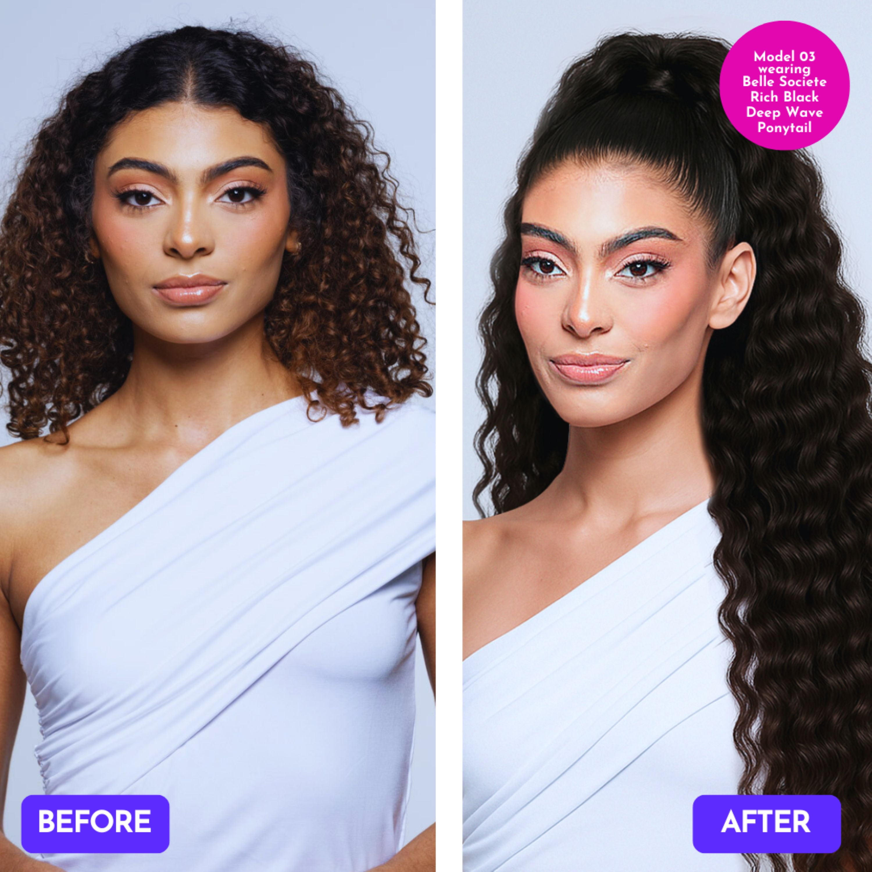 Belle Societe Deep Wave Drawstring Ponytail Extension, 20in, 140g, Color 1B, Non-Toxic, Organically Treated, Quick Easy Install