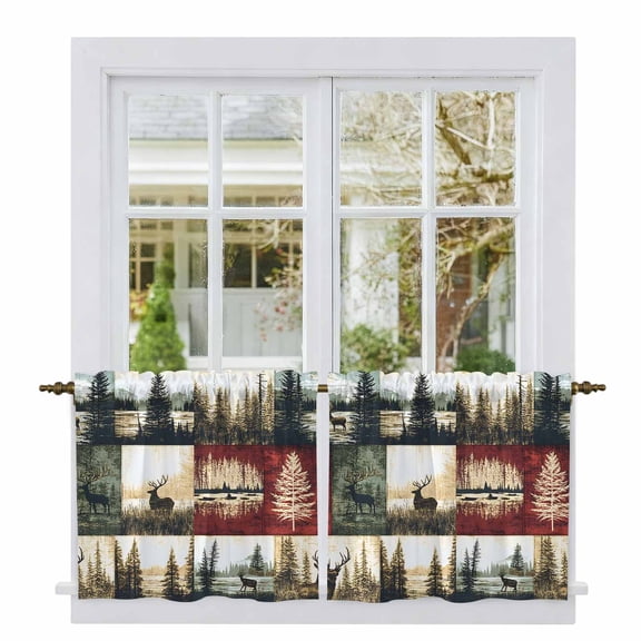 Forest Reindeer Tier Curtains, Country Rustic Green Red Patchwork Light Filtering Kitchen Curtains, 2Pcs Rod Pocket Half Window Treatments Panels for Sink Cafe Cabinet Camper 27.5x36 Inches