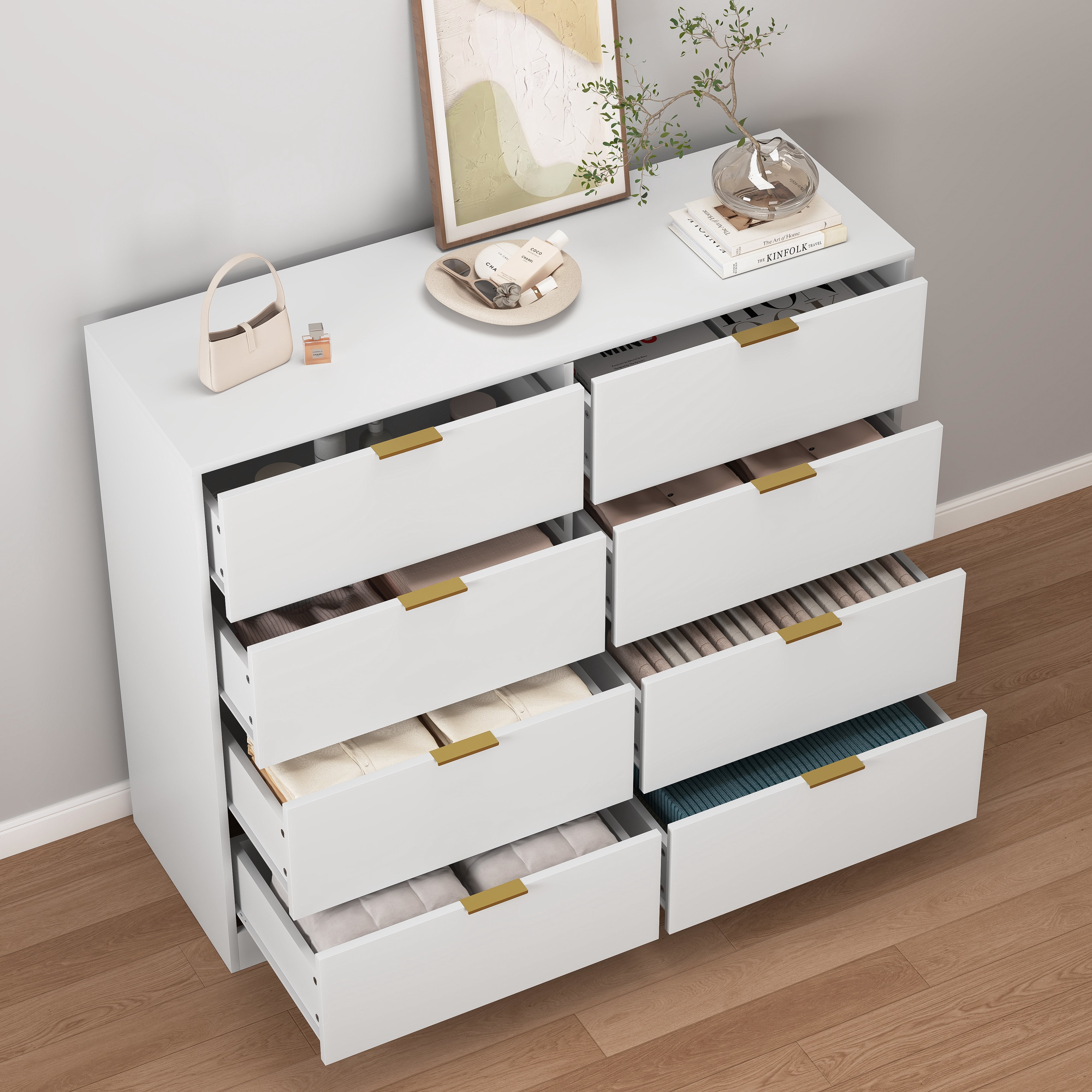 Mintazer Tall Dresser with 8 Drawers, Storage Chest of Drawers with Gold Metal Handles for Entryway Bedroom Living Room Hallway, White