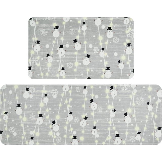 Christmas Kitchen Rugs Set of 2, Absorbent Christmas Snowman Kitchen Mats for Floor, Winter Decorative Kitchen Rugs Non Slip Washable, Grey Christmas Decorations, 18''x 48''+ 18''x 30''
