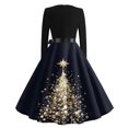 thumbnail image 6 of Women's Casual Fashion V-Neck Long Sleeved Retro Christmas Print Retro Dress, Holiday Print, Audrey Style, Party Wear, Casual Dress, Festive,Navy,L, 6 of 7