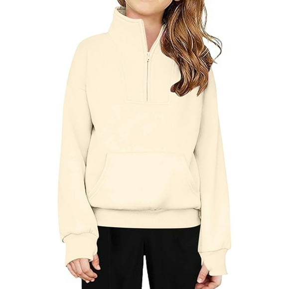 Milgrthf Girls Half Zip Sweatshirt Fleece 1/4 Zip Solid Color Fall Pullover Teen Girls Collar Tops with Thumb Hole Khaki 140