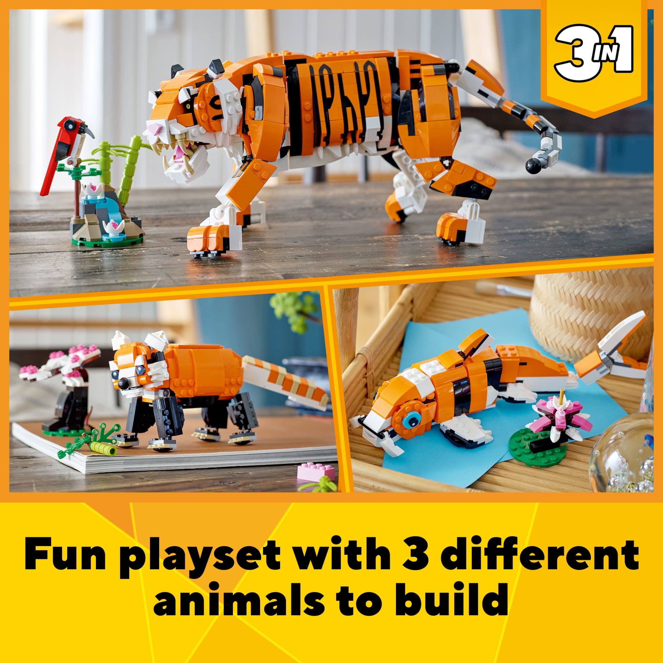 LEGO Creator 3 in 1 Majestic Tiger Building Toy - Build & Display Set for Kids, Girls & Boys, Ages 9+ - Birthday Gift Idea - Create a Tiger, Panda, or Koi Fish - 31129