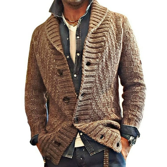 Mens Cable Knit Cardigan Sweater Shawl Collar Loose Fit Long Sleeve Casual Cardigans Knitwear Fashion Retro Button Down Henley Sweater Coat