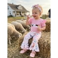 thumbnail image 6 of BemeyourBBs Newborn Baby Girl Farm Duck Outfit Infant Girls Summer Clothes Animal Embroidered Waffle Striped Short Sleeve Romper Print Bell Bottom Flared Pants Set Headband, 6 of 9