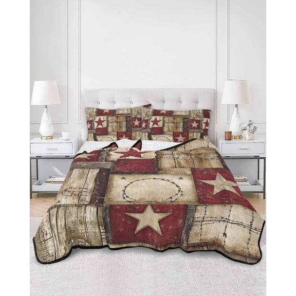 Quilts King Size, Texas Star Farm Soft Comforter Bedding Set for Bed, Country Wood Grain Vintage Western Lightweight Quilted Bedspread with Pillow Cover(2 Pieces) for All Season, 96x106 Inch