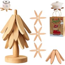 Walnut Wood Tree Trivet Set, Natural Tree Trivet Set - 3 Wooden Trivets & 1 Stand Like a Christmas, Foldable Kitchen Wooden,for Hotdishes Pot Bowl Teapot Hot Pot Holder (White)