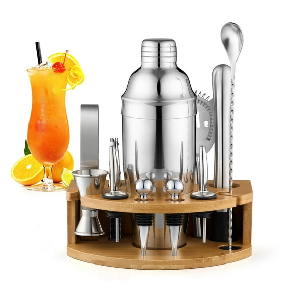 Coliware 12pcs Cocktail Shaker Set, 25 OZ Stainless Steel Bartender Kit with Muddler Bamboo Stand, Full Bar Cart Accessories for Home Party, Perfect Housewarming Gift