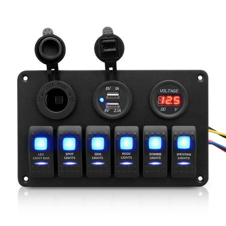 6 Gang Waterproof Aluminum 12v24v Boat Marine Rocker Switch Panel 2 Usb Charger Cigarette Socket Voltmeter