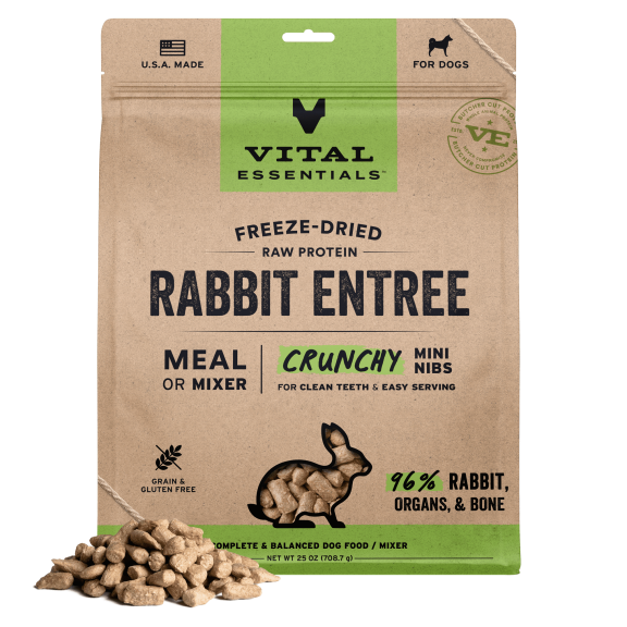 Vital Essentials Freeze Dried Dog Food, Raw Rabbit Crunchy Mini Nibs | Complete Meal or Topper | 96% Rabbit, Organs & Bone | Limited Ingredient, High Protein, Grain Free Dry Dog Food | 25 oz bag