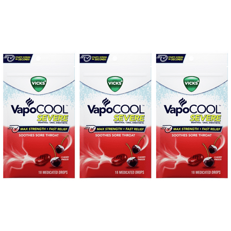 Vicks VapoCool CHERRY Severe Menthol Drops MAX STRENGTH cold Medicine for Sore Throat Remedy 18 Per Pouch (3 PACK)