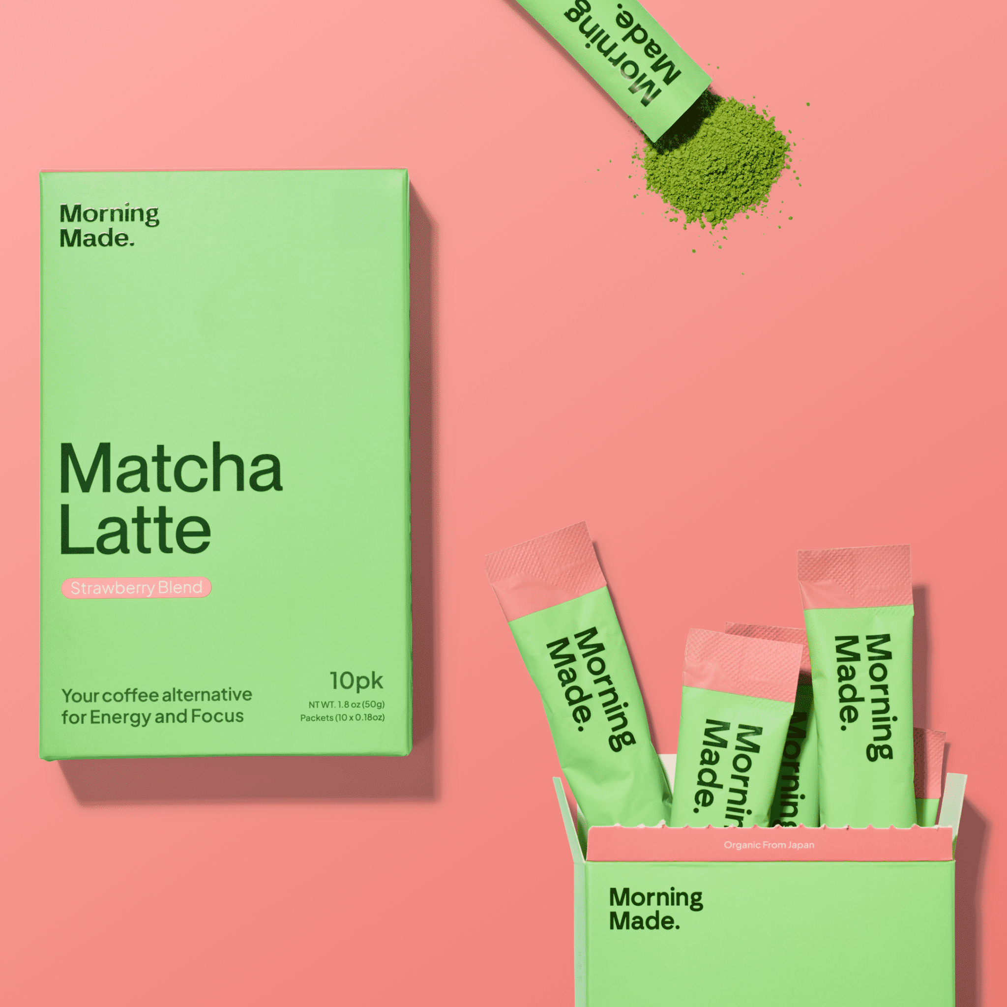 (12 pack) Morning Made Ceremonial Grade Organic Matcha Latte Powder, Strawberry, 10 Pack (0.18oz ea)