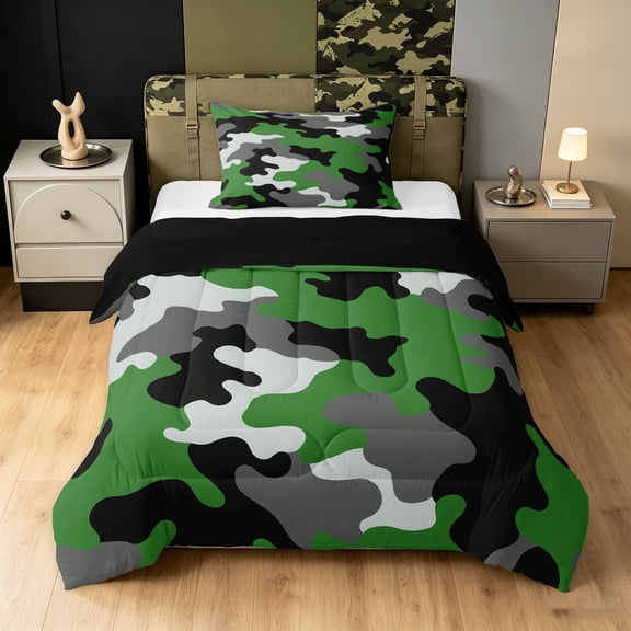 Manfei Minimalst Camouflage Twin Comforter Sets, Mid Century Camo Bedding Set, Gray Green, Black Reversible, 2 Pieces, 1 Comforter and 1 Pillowcase