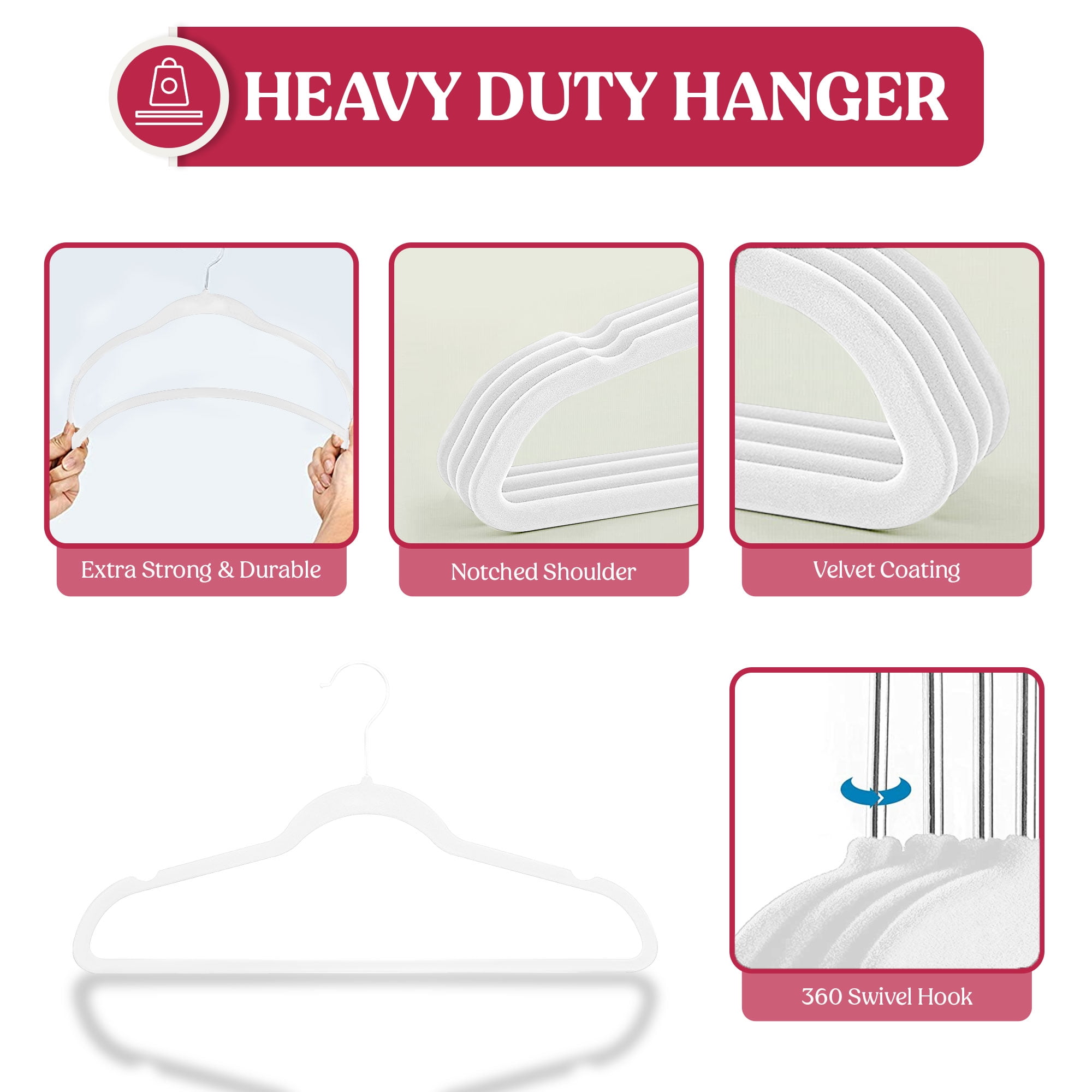 Lux Decor Collection Velvet Hanger 50 Pack - Clothing Hangers Non Slip, Heavy Duty Hanger 360 Degree Rotatable Hook - White