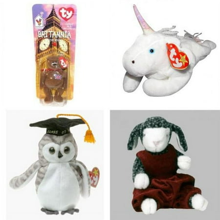 Assorted Ty Beanie Baby 4 Pack Bundle: TY McDonalds Teenie Beanie - BRITANNIA The Bear British 1999 5 inch, Beanie Babies Ty Mystic the Unicorn with Iridescent Horn, Wiser the Owl - 1999 Graduation Re