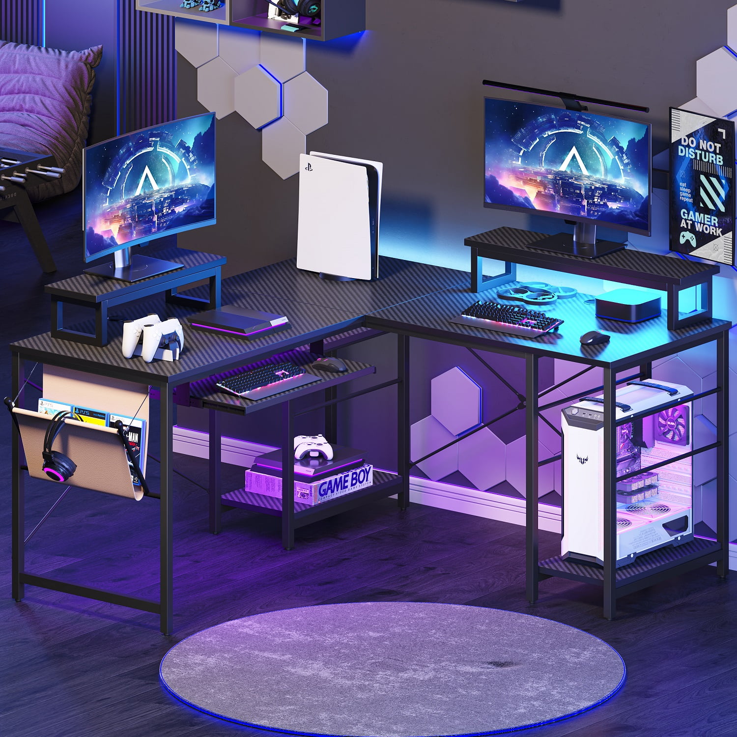 Bestier 95.2 inch L Shaped Gaming Desk with LED Light Home Office Desks with Monitor Stand Keyboard Tray in Carbon Fiber Adults Walmart