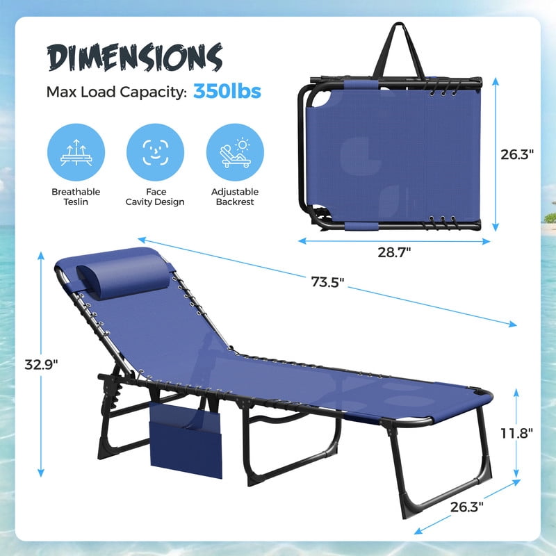 Lacoo Teslin Foldable Lounge Chair, Outdoor Chaise Lounge with Sauna, 5-Position Adjustable Beach Chair, Blue