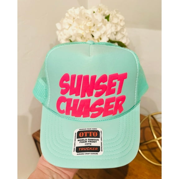 Sunset Chaser Mint Hat Neon Pink Puff Trucker Hats