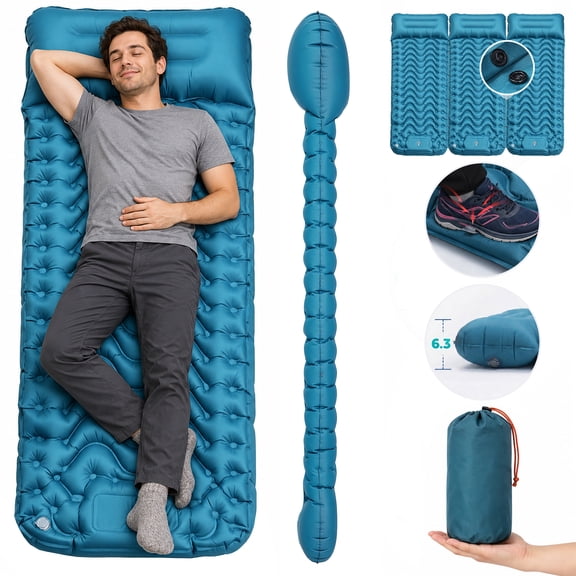 BNISE Camping Sleeping Pad, 6.3" Extra Thick Inflatable Sleeping Mat with Pillow & Built-in Foot Pump, Lightweight Backpacking Camping Mattress for Hiking