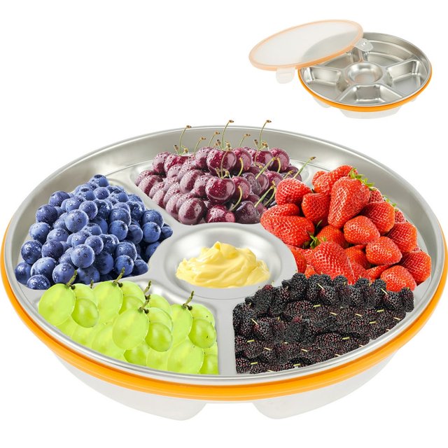 Divided Serving Tray with Sealing Lid 6 Compartment Snack Tray 201 Stainless Steel Snack Platters Temperature Resistant Food Storage Containers