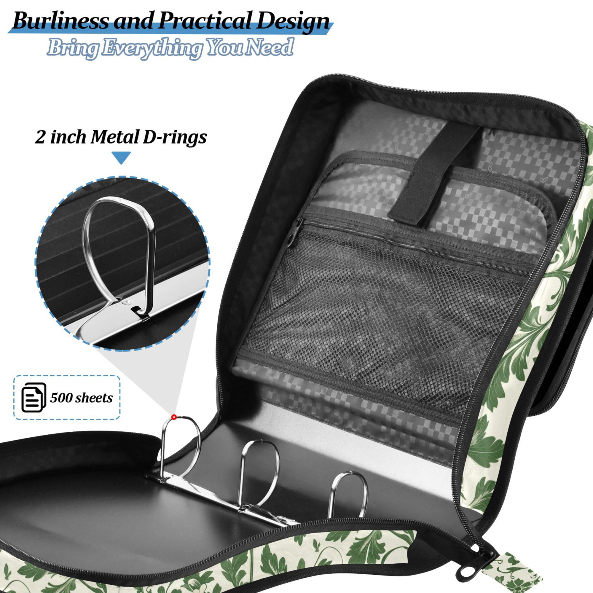 FORMRS Zipper Binder with Shoulder Strap 2-inch Ring 500 Sheet Capacity File Bag, Green Floral