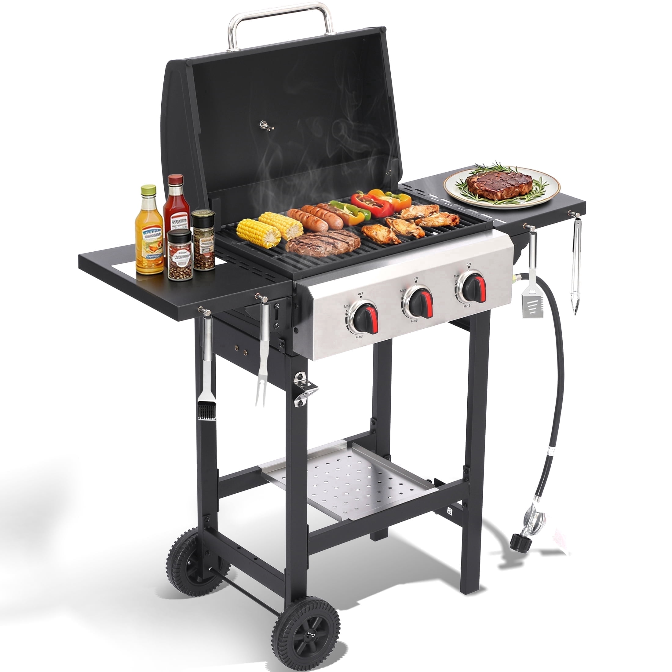 Garden It 3-Burner Propane Gas Grill, 30,000 BTU Portable BBQ with Foldable Side Table, Cast Iron Grates & Regulator for Outdoor Camping Backyard