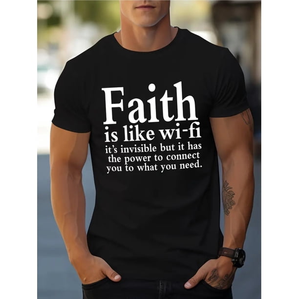 Camiseta gráfica Faith Wi-Fi para hombre: camiseta informal suave con eslogan inspirador, cómoda y holgada, de manga corta para uso informal, ideal para practicar deportes de ocio.