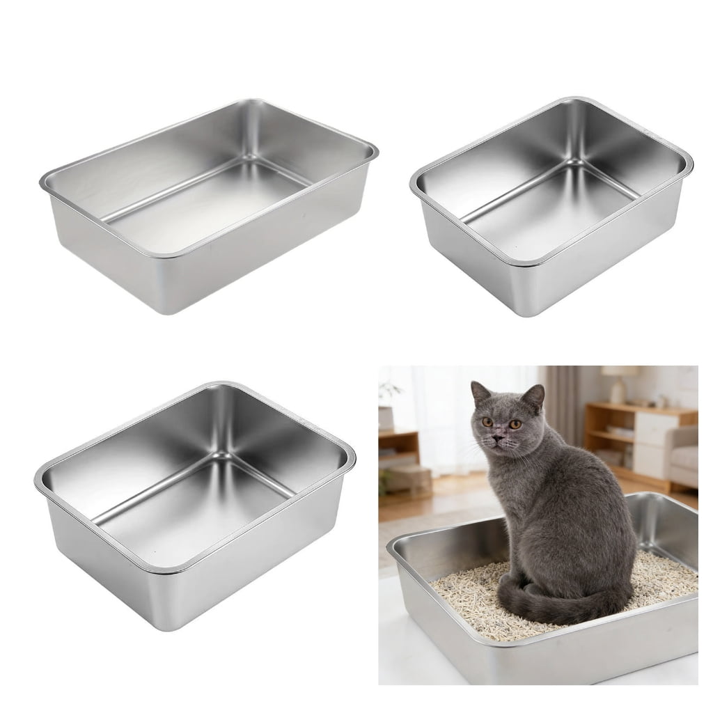 AOOOWER Cats Litter Box Stainless Steel High Side Height Smooth Surfaces Metal Pans
