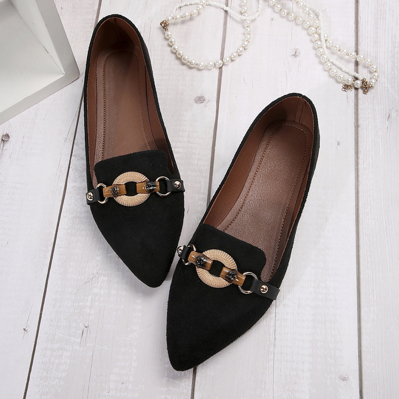 Adult Women Shoes Womens Size 12 Shoes Casual Ladies Fashion Solid Color Suede Ethnic Style Buckle Decoration Pointed Flat Bottomed Casual Female