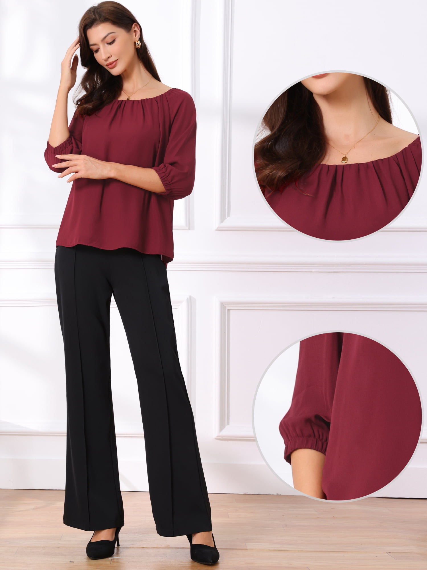 DARING DIVA Women's Office Half Sleeve Crew Neck Dressy Casual Tops S Wine Red