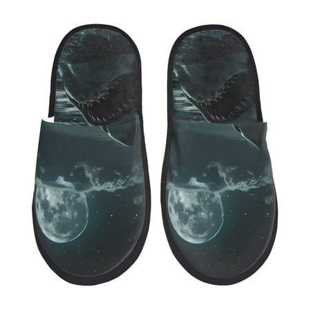 Balery Moonlit Night Sky Shark Slient Indoor Furry Fleece Comfort House Shoes Soft Non-Slip Home Shoes Cotton slippers House Slippers-- Medium