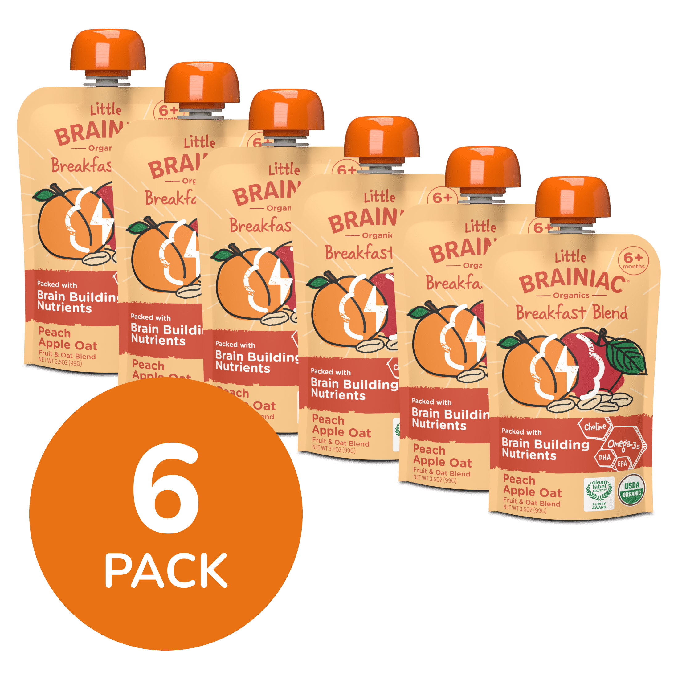Little Brainiac Organic Fruit & Oat Brain Squeezies with BrainPack, Peach Apple Oat, 3.5oz, 6ct