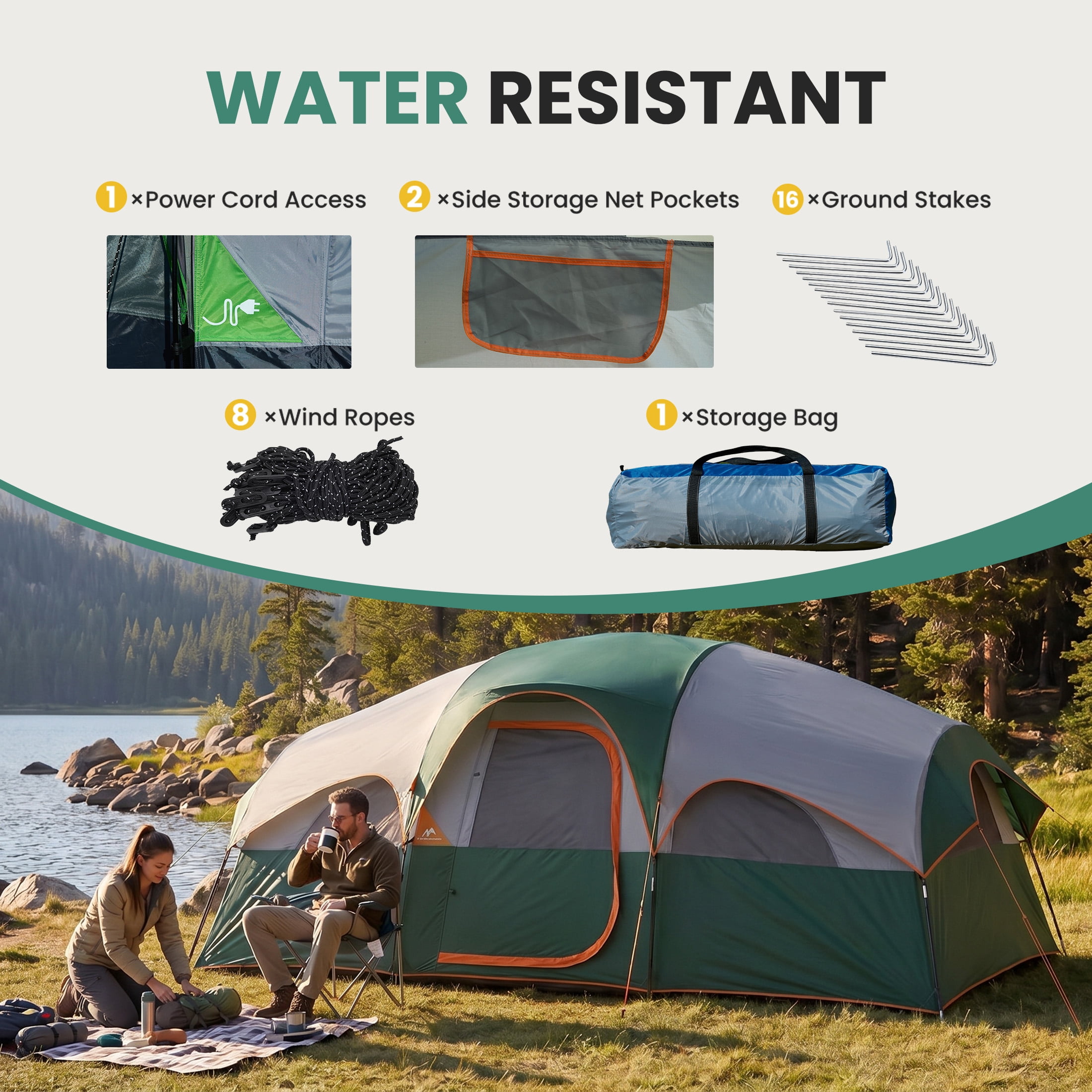 EDX 8-Person Camping Tent with Waterproof Double Layer & Standing Height Cabin, Mesh Roof, Divided Curtain, Easy Setup & Family-Friendly, Portable Carry Bag, Spacious for Car Camping, Green