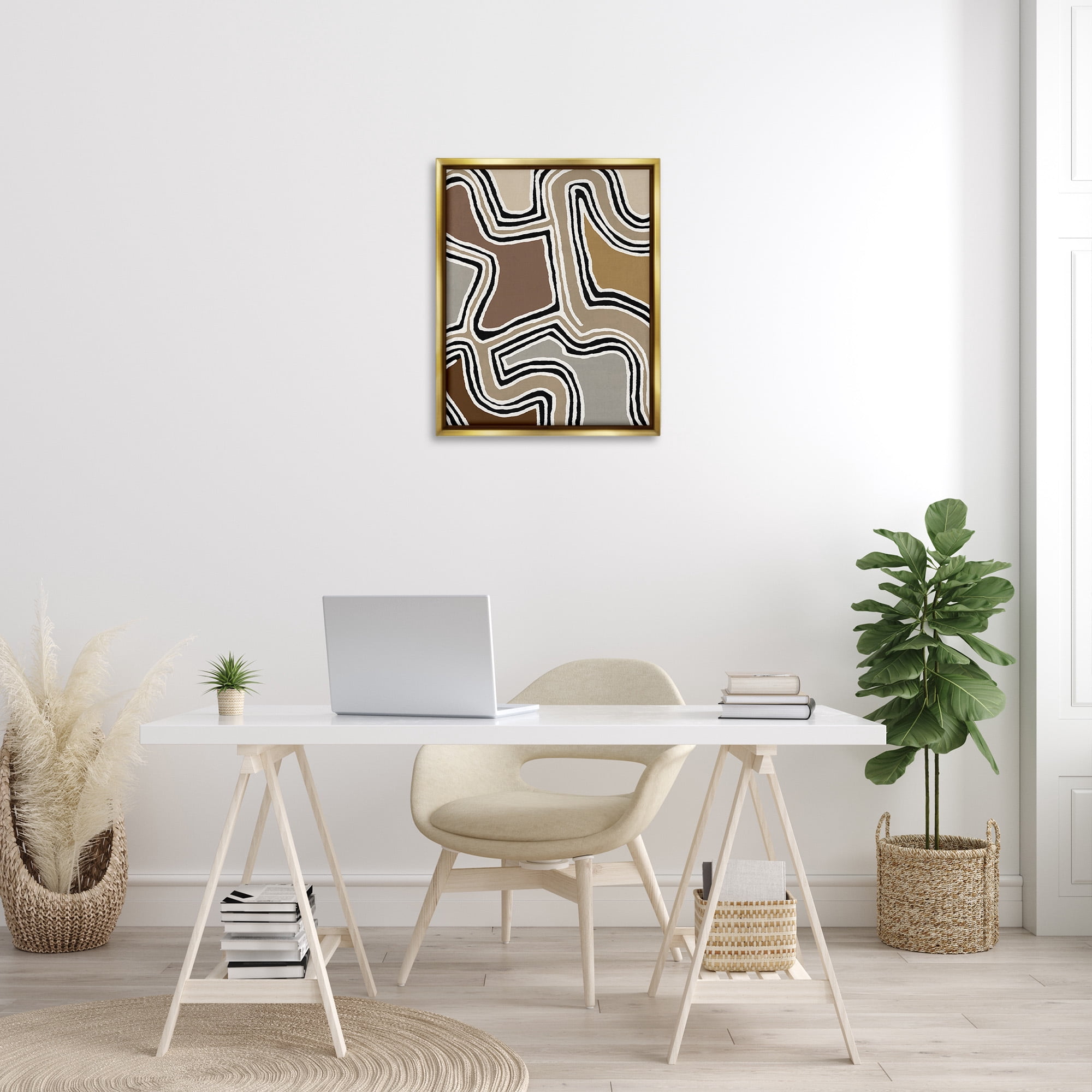 Stupell Industries Fluid Neutral Abstraction Abstract Painting Gold Floater Framed Canvas Art Print Wall Art, 25 x 31