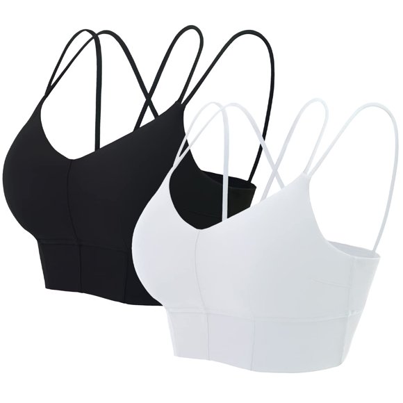 MotoRun Womens Push-Up Padded Strappy Sports Bra cross Back Wirefree Fitness Yoga Top Black-White Large