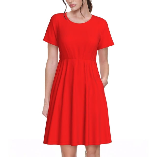 Easygdp Red para Vestido Transpirable de Mujer, Vestido Suelto de Manga Corta con Pliegues y Bolsillos para el Verano