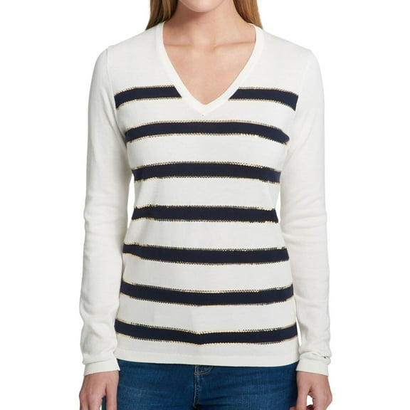 Tommy Hilfiger Womens Sequin-Stripe Pullover Sweater, White, XX-Large