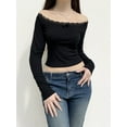 thumbnail image 6 of FEORJGP Women Off-Shoulder Pullovers Long Sleeve Shirt Lace Patchwork Blouses Slim Fit Crop Tops Casual Summer Fall Clothes for Club Streetwear Aesthetic, 6 of 9