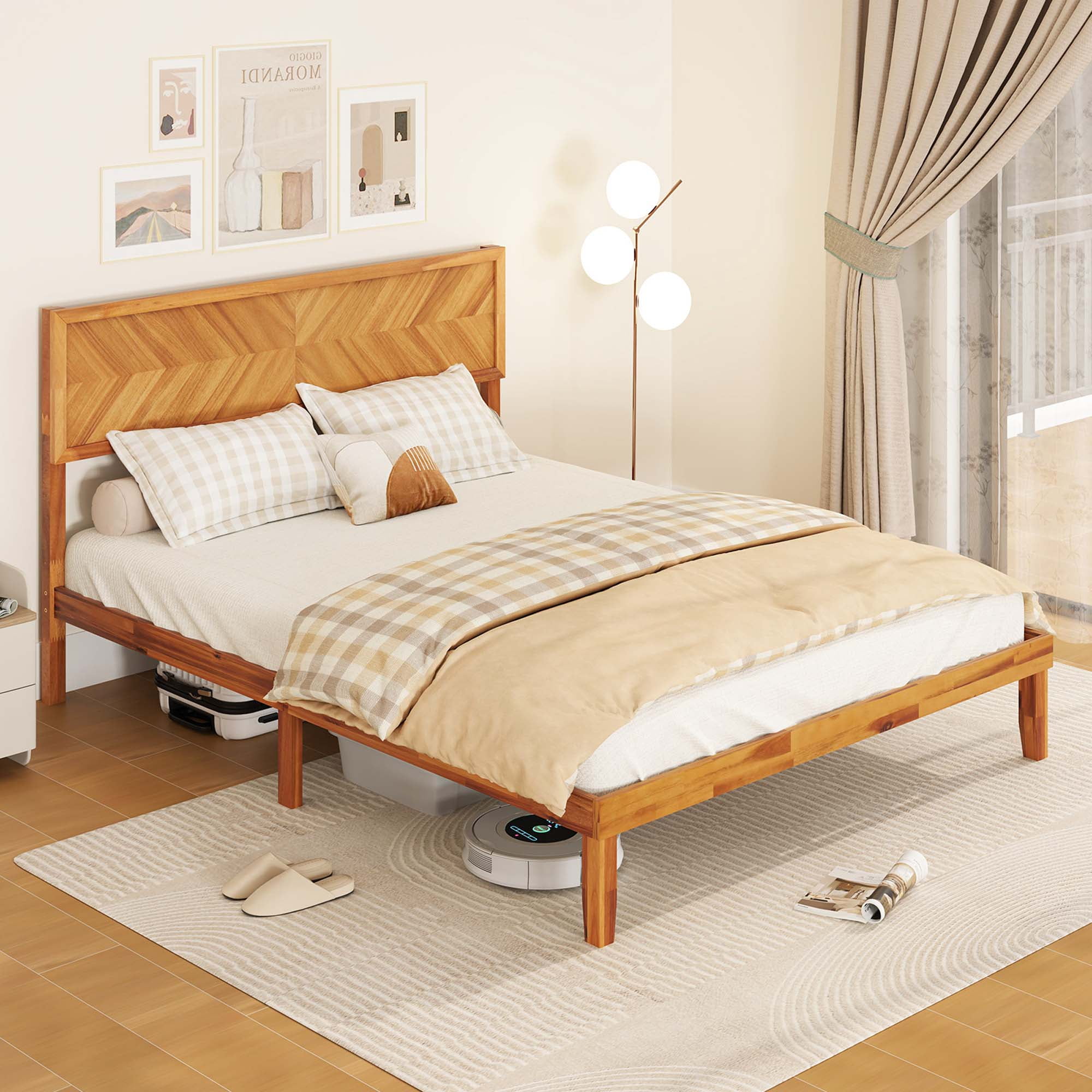 Gymax Queen Size Bed Frame w/Headboard Wooden Slats Support 9'' Under-bed Storage Space