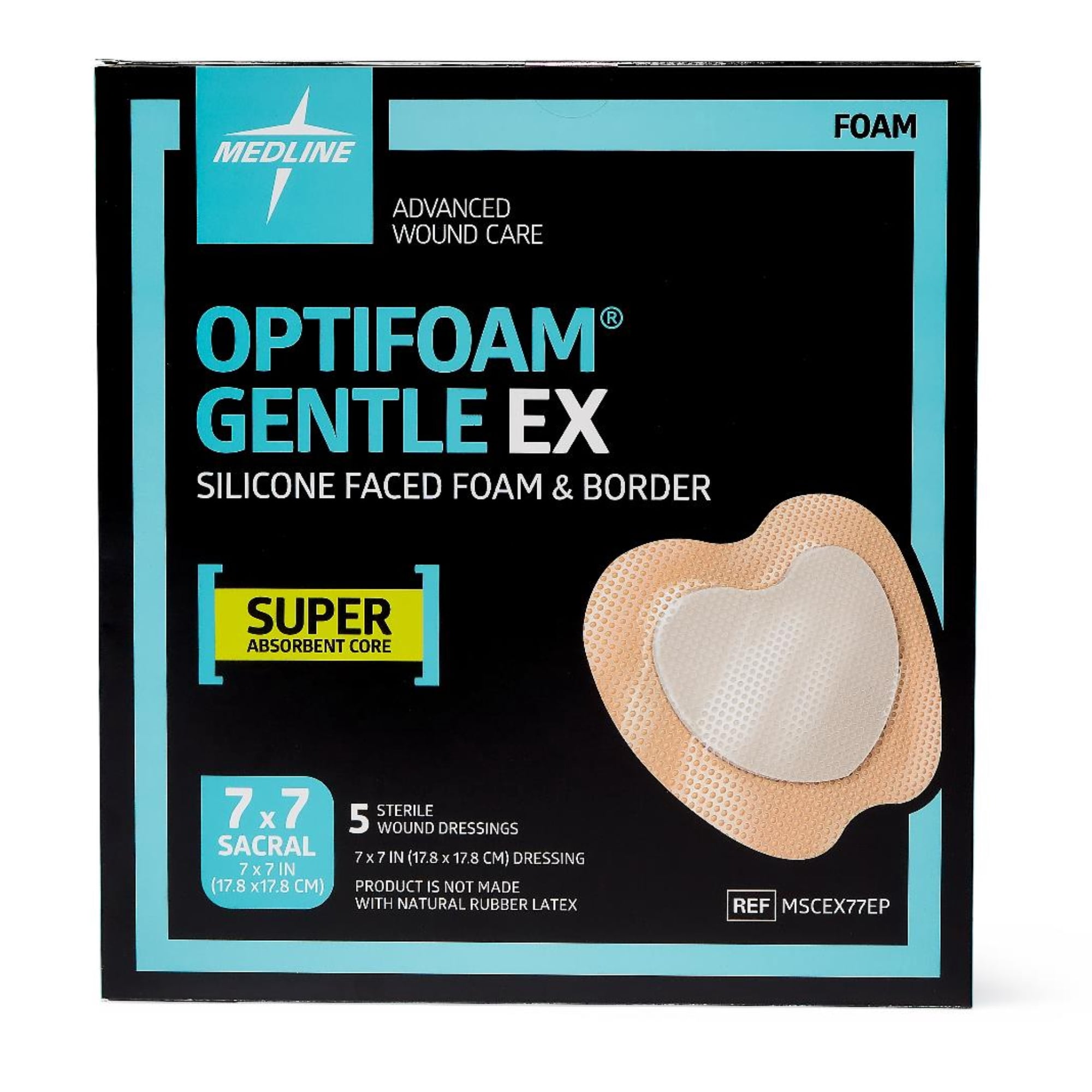 Optifoam Gentle EX Sacral Silicone-Faced Bordered Foam Dressing, 7" x 7", 5 Count