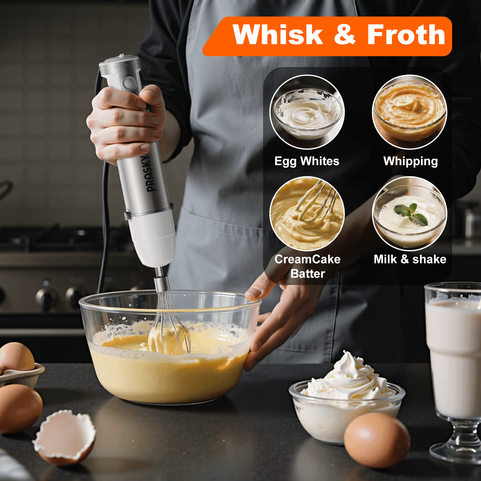 PRASKY Immersion Hand Blender, 6-in-1 Handheld Blender for Kitchen, 20 Speeds Food Processor, Egg Whisk, Milk Frother, Beaker (White)
