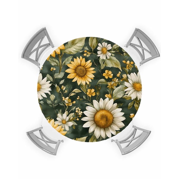 nqOlkjepod Summer Sunflowers Round Tablecloth, Fitted Table Cover with Elastic for 36"-44" Round Tables, Spring Floral Botanical Watercolor Table Cloth Outdoor Dinning Party Waterproof Tablecloths