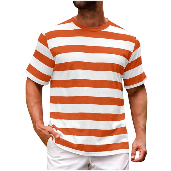 Yuanlook Men's Horizontal Stripe Crew Neck T-Shirt, Casual Short Sleeve Top, M-4XL