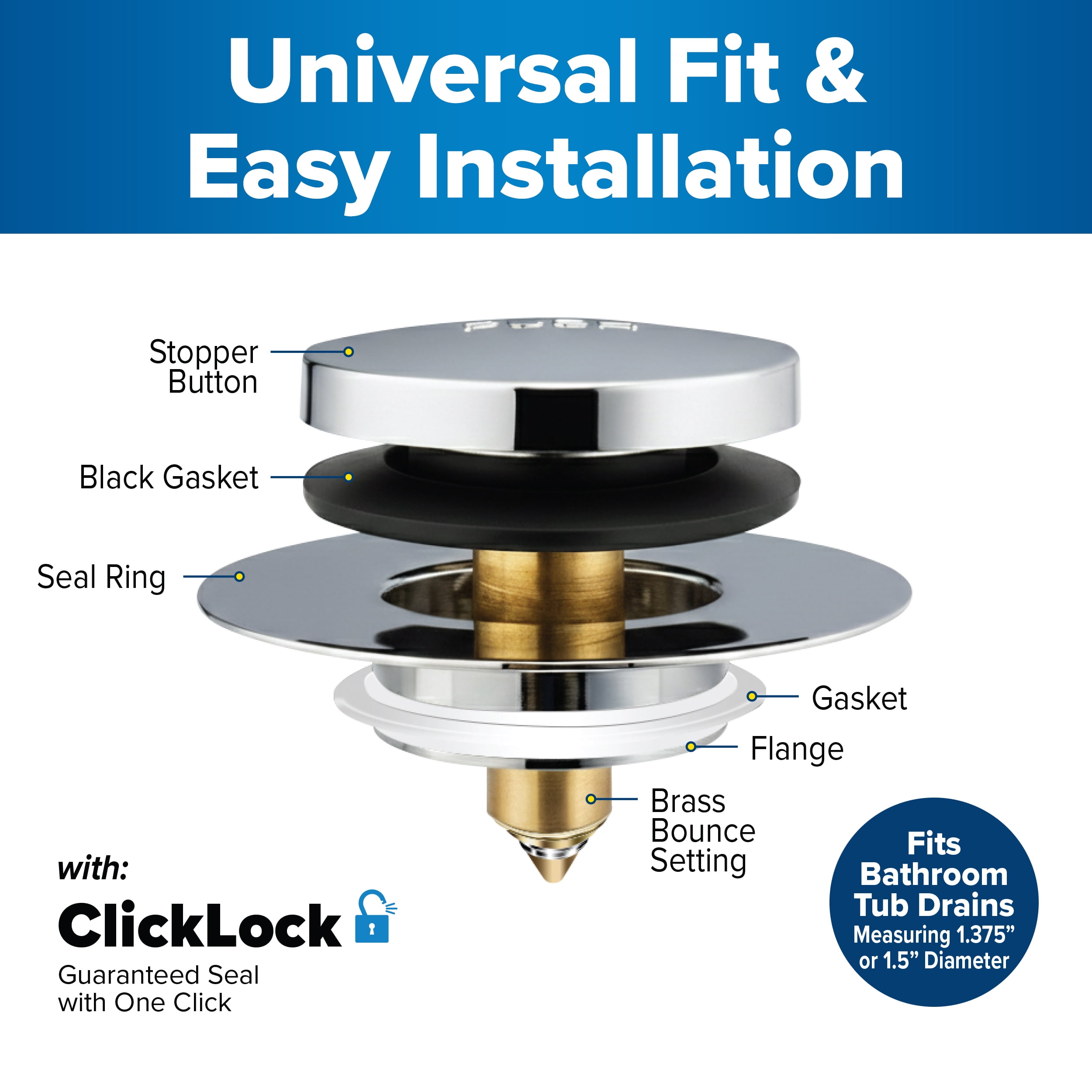 Tub Daddy Pro 2-in-1  Bathtub Drain Stopper with Hair Catcher, ClickLock Push-Button Seal, Chrome/Brushed Nickel