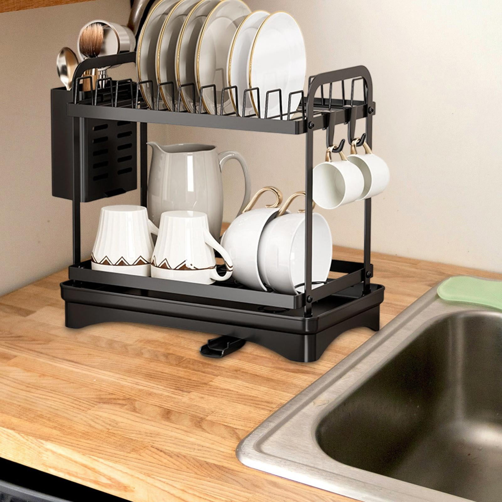 Fiocias 2 Layer Kitchen Dish Drying Rack Space Saving Carbon Steel Drainer with Tray for Black